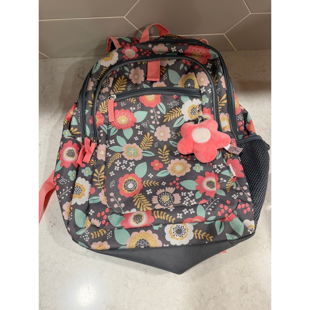 Crckt Kids Floral Backpack Gray Pink School Bag with Flower Keychain 16 inch